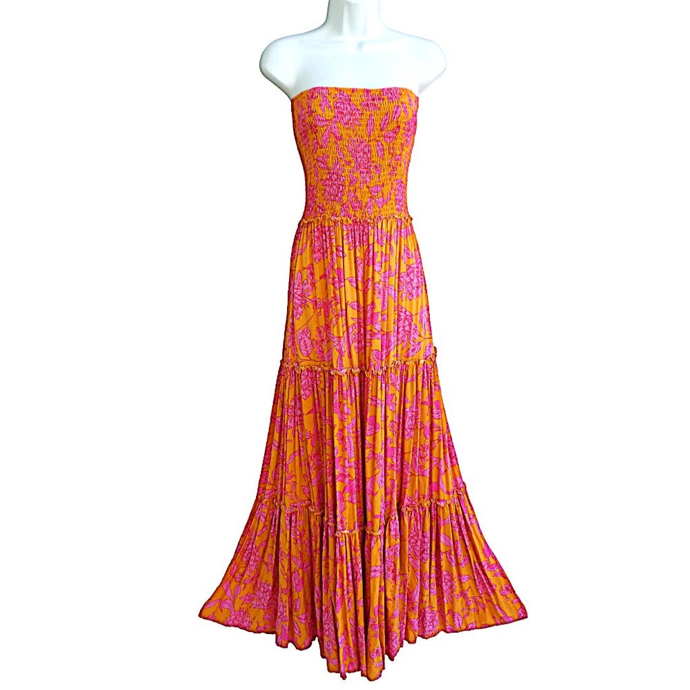 Abel The Label ATL Strapless Tiered Maxi Dress Smocked Bodice Floral Hippie
